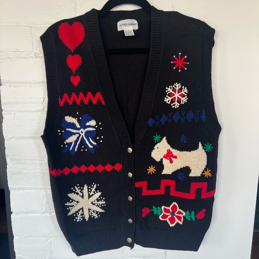 Women’s Black Vintage Sweater Christmas terrier Dog holiday Vest - Large